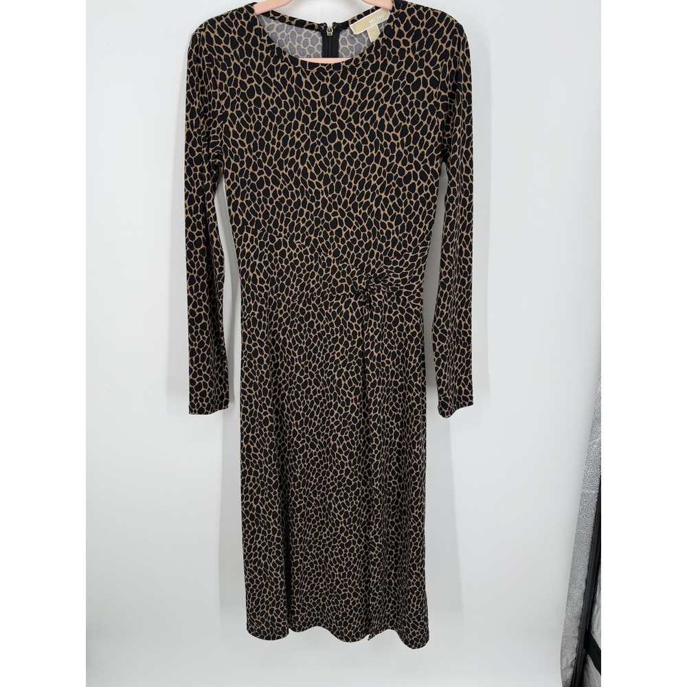 Michael Kors Women Leopard Print Wrap Dress Size Small Front Slit Long Sleeve